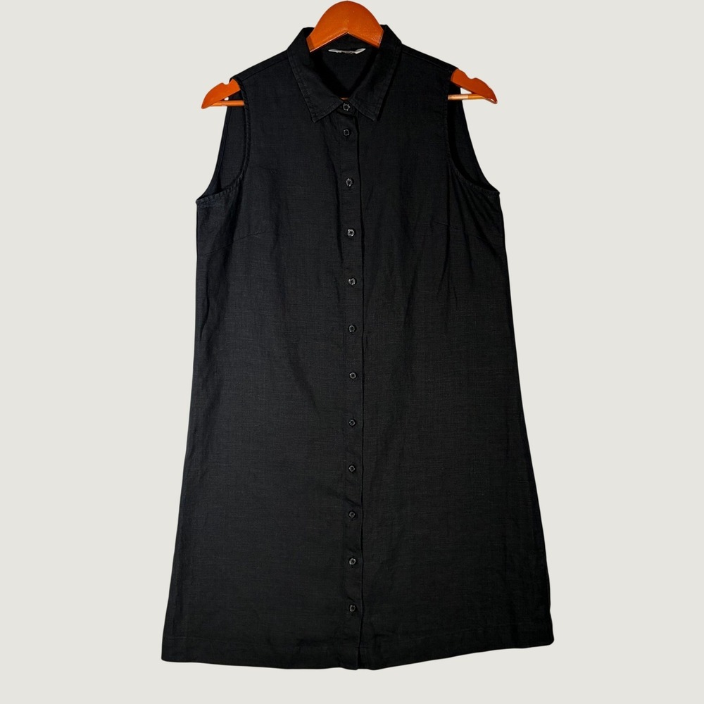 Garnet Hill Shirt Dress Womens Size 6 Black 100% Linen Sleeveless Button Down